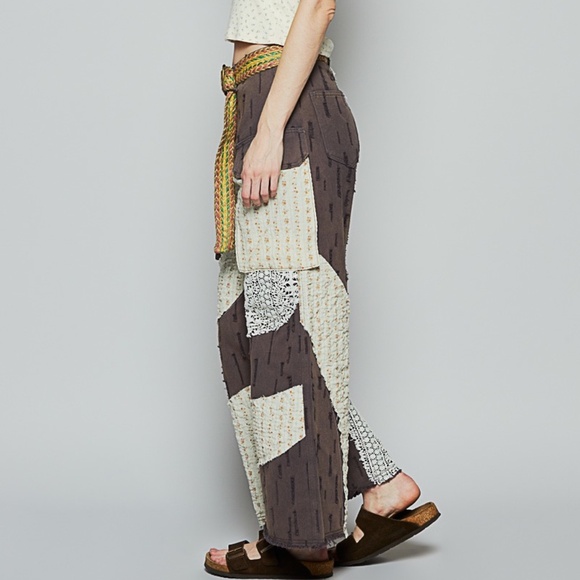 New Pol Boho Jeans Pants Patchwork Brown Distressed Wavy Detail Mesh 100% Cotton - Picture 4 of 10